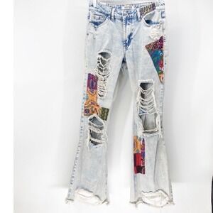 Almost Famous Vintage Distressed Patchwork Flare Jeans Light Wash Womens Size 13